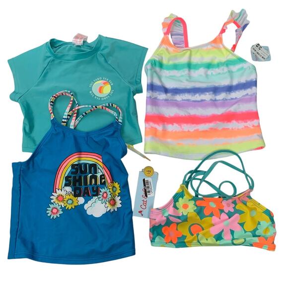 Lot of 4 NWT New Cat & Jack Girls XS (4/5) Floral Rainbow Swim Tops ONLY